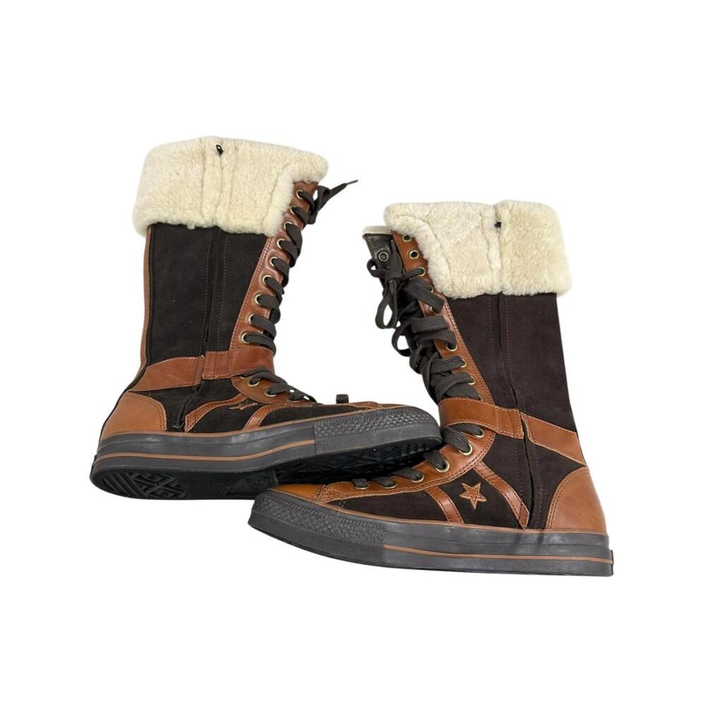 Converse Unisex Vintage Tall Shearling Lace-Up Winter Boots Brown Leather Canvas - Picture 4 of 11